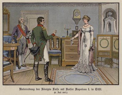 Conversa entre a Rainha Santa Luísa da Prússia e o Imperador Napoleão I em Tilsit, 6 de julho de 1807 (cor litho) de German School