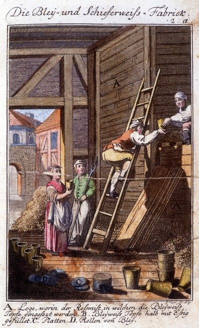 Artesanato: o fabricante de chumbo branco na sua oficina. Em "Comprehensive description of arts and crafts and workshops for young people" por Johan Peter Vue. Ed. Nuremberga, Weigel et c de German School