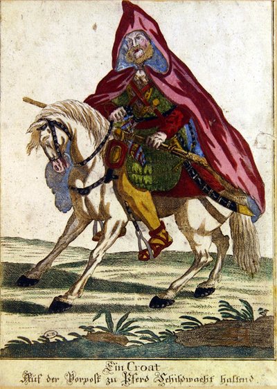 Croat Warrior on a horse (gravura colorida) de German School