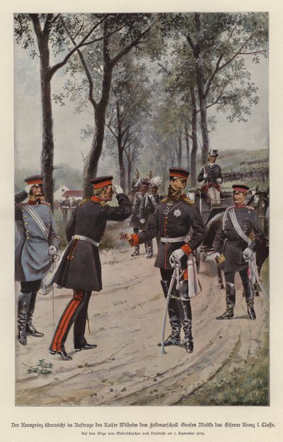 O Príncipe herdeiro da Alemanha, Frederick, condecorou o Marechal de Campo Helmuth von Moltke com a Cruz de Ferro em nome de seu pai, Kaiser Wilhelm I (cor litho) de German School