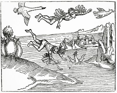 Daedalus, fugindo de Creta com seu filho, Ícaro, o vê caindo para a morte, 1493 (gravura em xilogravura) de German School