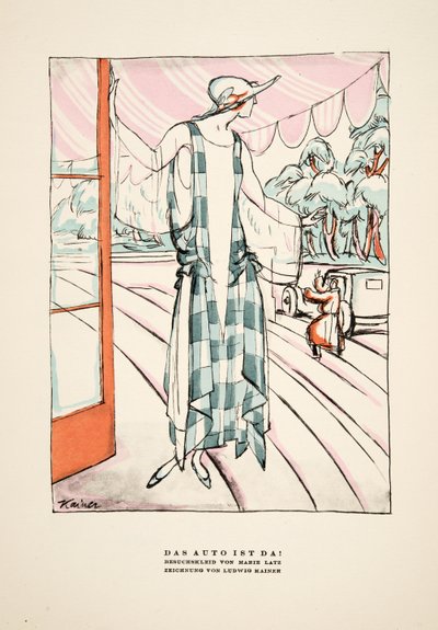 "Das Auto Ist Da!", anúncio de um vestido de Marie Latz, de Styl, pub.1922 (gravura em pochoir) de German School