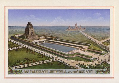 Uma vista aérea do Volkerschlachtdenkmal (litografia a cores) de German School