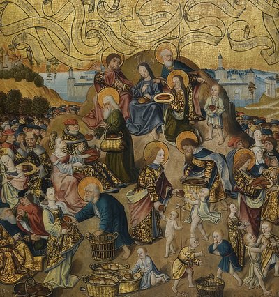 O milagre de cinco pães e dois peixes. Por volta de 1500 de German School