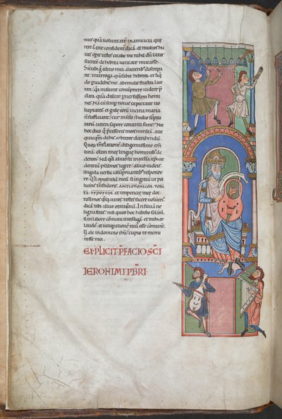David como harpista no prefácio dos Salmos, a "Bíblia de Worms", Harley 2804 f.3v, 2º-3º quartel do século XII (tinta e cor sobre pergaminho) de German School