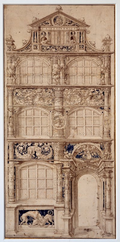 Decoração da fachada de uma casa por Hans Holbein Le Jeune (1497-1543) (Ec. All.) Dim. 0,58 x 0,27 m Paris. Museu do Louvre de German School