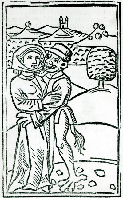 Demônio fazendo amor com uma bruxa (impressão em xilogravura) de German School