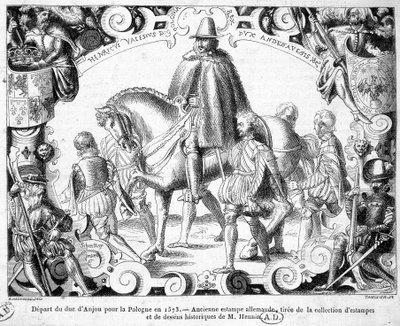 Partida do Duque de Anjou para a Polónia em 1573 (eleito rei da Polónia, ele tomará posse da sua coroa) - Uma antiga gravura alemã da colecção de gravuras e desenhos históricos do Sr. Hennin. de German School