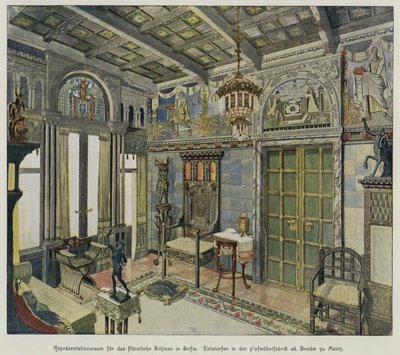 Design para um quarto no Palácio Real em Sófia, Bulgária, produzido pela fábrica de móveis A Bembe em Mainz, Alemanha (gravura a cores) de German School