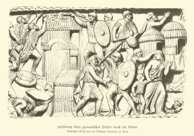Destruição de uma aldeia germânica por soldados romanos (gravura) de German School