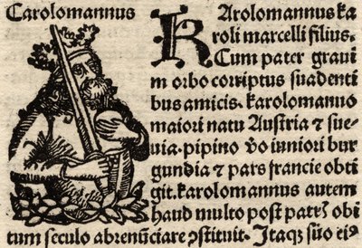 Detalhe de uma folha original incunable, retratando Charlemagne (742-814) pré-1500 (veja também 237071) de German School