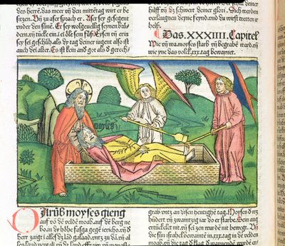 Deuteronômio 34 Morte de Moisés, da Bíblia de Nuremberg (Biblia Sacra Germanaica) (xilogravura colorida) de German School
