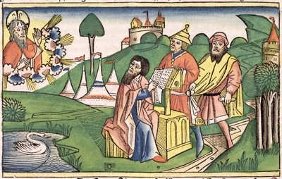 Deuteronômio: Frontispício no qual Deus faz as leis, da Bíblia de Nuremberg (Biblia Sacra Germanaica) (xilogravura colorida) de German School