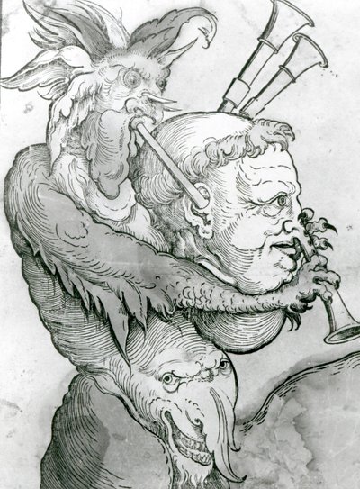 Diabo jogando Mans Head como Bagpipes, 1144 (impressão em xilogravura) de German School
