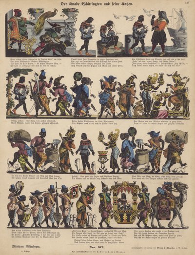 Dick Whittington e os seus gatos (gravura colorida) de German School