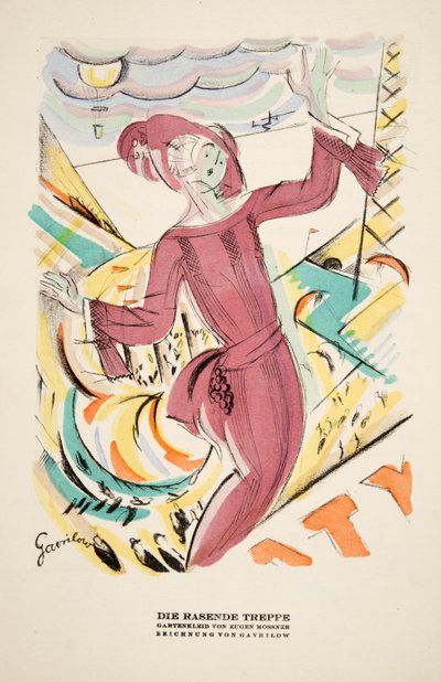 "Die Rasende Treppe", anúncio de um vestido de Eugen Mossner, de Styl, pub.1922 (gravura em pochoir) de German School