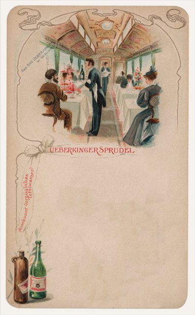 Carro de jantar em um trem, publicitário para Ueberkinger Sprudel água de mesa (chromolitho) de German School