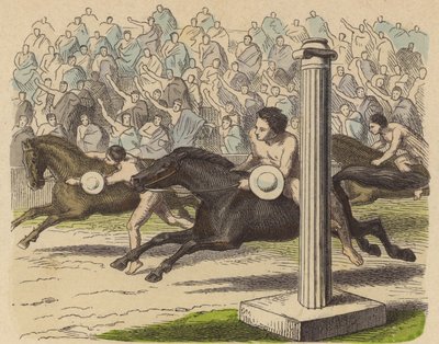 Exposição de equitação na Grécia Antiga (gravura a cores) de German School