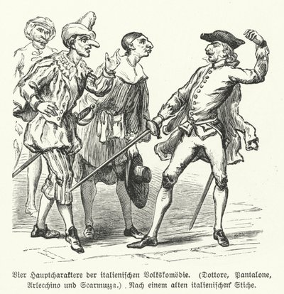 Dottore, Pantalone, Arlecchino e Scaramuccia, quatro personagens da Commedia dell