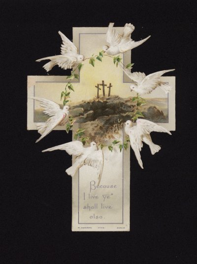 Pombas carregando uma coroa de flores acima das três cruzes no topo da colina do Calvário, cartão de felicitações cristão (chromolitho) de German School
