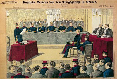 Caso Dreyfus: o julgamento em revisão do Capitão Dreyfus (1859-1923) Ilustração da imprensa alemã de German School