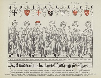 Eleição de Henrique VII do Luxemburgo como Santo Imperador Romano, Frankfurt, 27 de Novembro de 1308 (cor litho) de German School