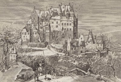 Castelo de Eltz, nas colinas acima do rio Mosela, Alemanha, como parecia no final do século XVI (litho) de German School