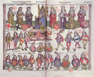 Imperador e eleitores do Sacro Império Romano com vinte e quatro fidalgos alemães apresentando os seus brasões de armas de German School