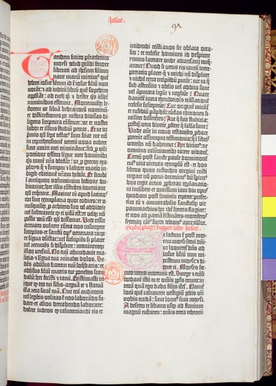 Fim do Pentateuco e início do Livro de Josué, da Bíblia de Gutenberg, impresso por Johannes Gutenberg (c.1400-68) e Peter Schoeffer (1425-1502) em Mainz, 1454-56 (impresso) de German School