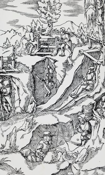 Gravura de De re metallica (Sobre a natureza dos metais), de Georg Pawer ou Georgius Agricola (1494-1555), publicado em Basileia de German School