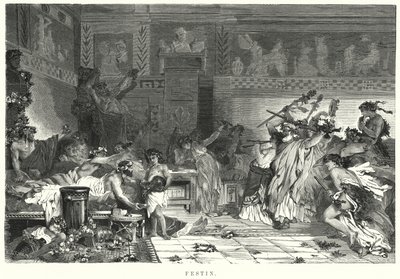 Entretenimento após a refeição em uma festa romana (litho) de German School