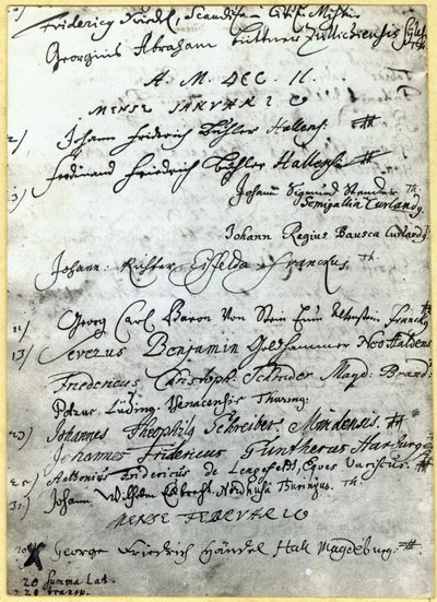Entrada nos registros da Universidade de Halle, mostrando o nome de Handel, 1702 de German School