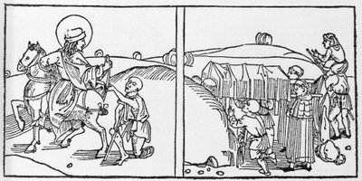 Episódios da vida de St. Martin. Gravura de "Leben der Heiligen - sommerteil" (O livro do santo) de Jacobus (Tiago) de Voragine (1228-1298). Lubeck 1488. de German School