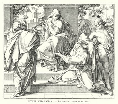 Esther e Haman, Esther, ch vii, ver 8 (gravura) de German School