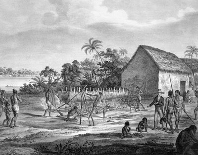 Escambo europeia no porto fluvial da tribo das Miranhas, Amiro Japara, ilustração do atlas de uma viagem no Brasil de German School