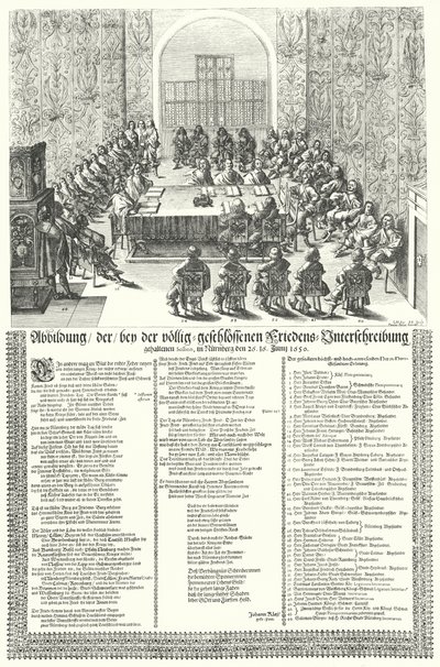 Congresso Europeu de Paz realizado em Nuremberga, em 1650, após o Wa dos Trinta Anos (gravura) de German School