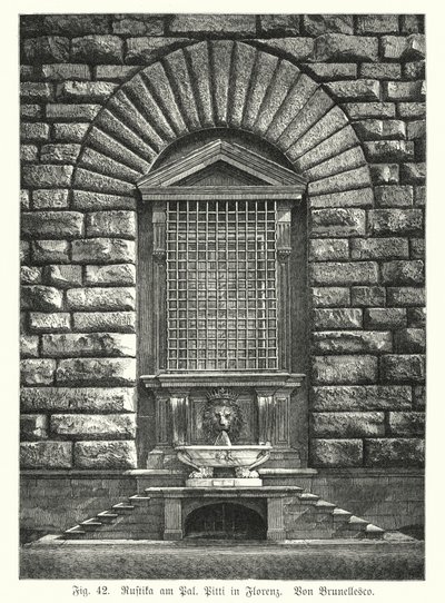 Exemplo de rustificação, por Filippo Brunelleschi, Palazzo Pitti, Florença, Itália (gravura) de German School
