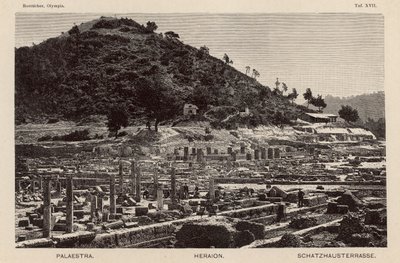 Escavação do local da antiga Olímpia, Grécia: a Palaestra, o Templo de Hera e os Tesouros (gravura) de German School