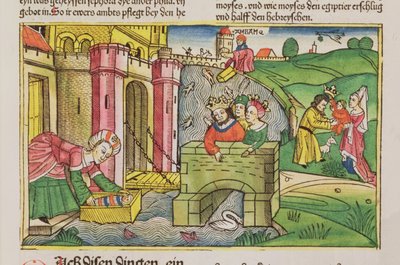 Êxodo 2 1-6 Moisés sendo flutuado no Nilo e descoberto por uma das esposas do faraó, da Bíblia de Nuremberg (Biblia Sacra Germanaica) (xilogravura colorida) de German School