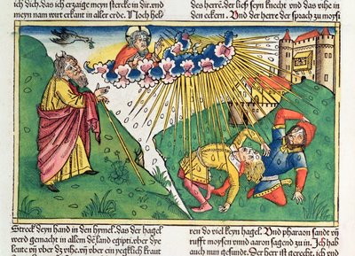 Êxodo 9 13-35 As Sete Pragas do Egipto: Moisés e a praga do granizo e do relâmpago, da "Bíblia de Nuremberga (Biblia Sacra Germanaica)" (xilogravura colorida) de German School