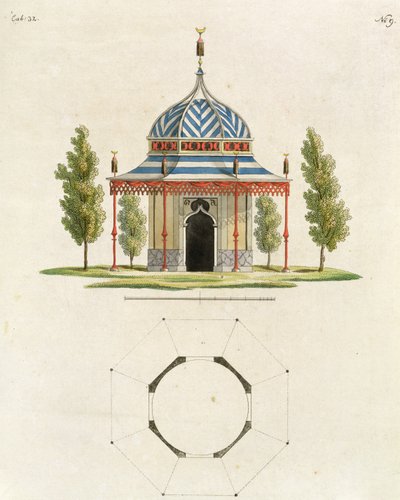 Exterior de um templo de jardim chinês, de recentes novas idéias para o jardim, publicado 1779 (gravura de cor) (ver também 170864) de German School