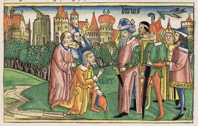Esdras 6 16 O Templo de Jerusalém é dedicado pelo rei Dario, da Bíblia de Nuremberg (Biblia Sacra Germanaica) (xilogravura colorida) de German School