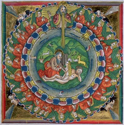 Cópia fac-símile de Gênesis 2:22 Deus criou Eva, da Bíblia de Nuremberg (Biblia Sacra Germanaica) de German School