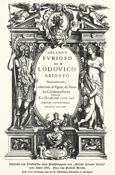 Fac-símile da página de rosto de uma edição de 1583 do poeta italiano Ludovico Ariosto, o épico Orlando Furioso (litho) de German School