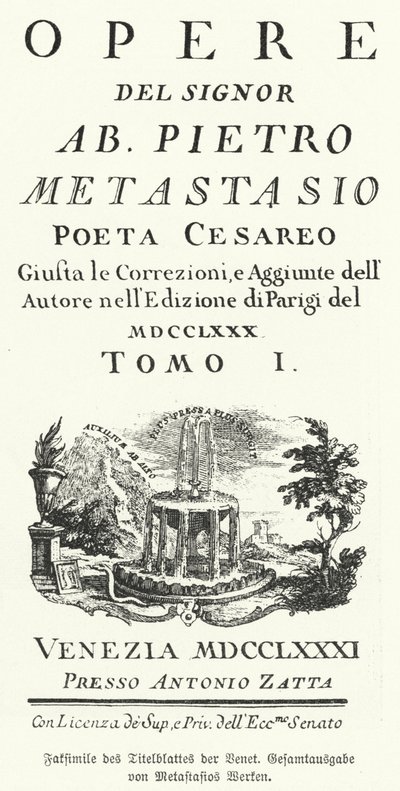 Fac-símile da página de rosto de uma edição veneziana das obras recolhidas do poeta e libretista italiano Pietro Metastasio (litho) de German School
