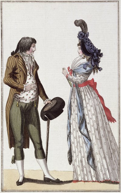 Par elegante do período Directoire (1795-99) (gravura a cores) de German School