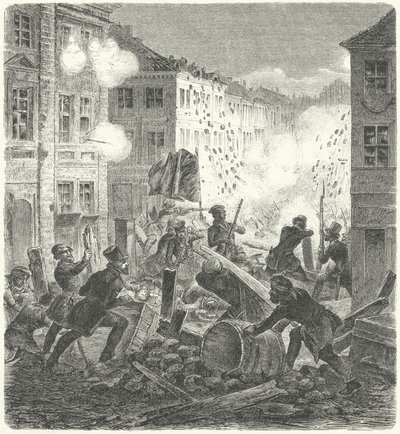 Luta numa barricada em frente à Câmara Municipal de Colln, Berlim, Revolução de 1848 (gravura) de German School