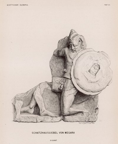 Figura de um gigante do frontão do Tesouro de Megara, Olympia, Grécia (gravura) de German School
