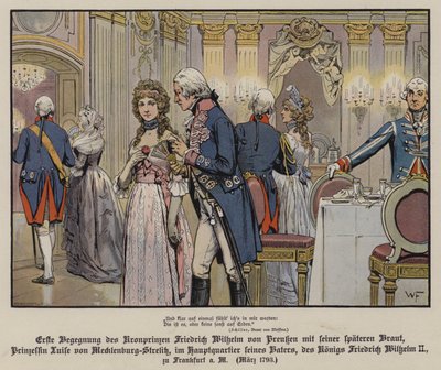 Primeiro encontro do príncipe herdeiro Frederick William da Prússia e sua futura noiva, a princesa Louise de Mecklenburg-Strelitz, na sede do seu pai, o rei Frederick William II, em Frankfurt. de German School