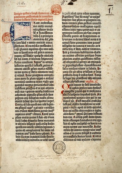 Primeira página da Bíblia em latim (vulga) de Gutenberg preparada em Mainz 1452 - 1454. O início do epitre de São Jerônimo ao sacerdote Paulino tratando de todos os livros da Sagrada Escritura. de German School